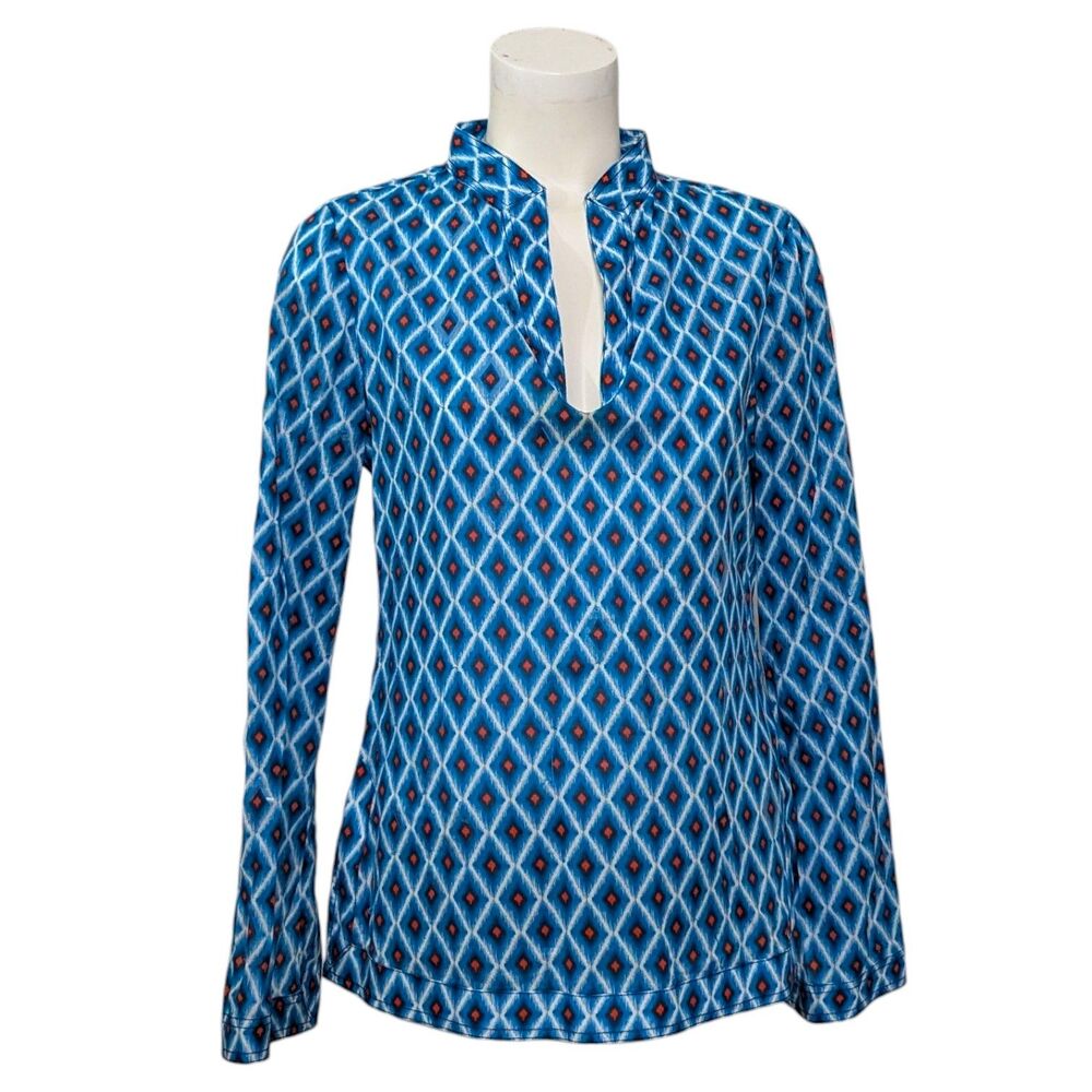 Tory Burch Size 4 Plastic Diamond Accents Blue Top Long Sleeve Boho Geometric